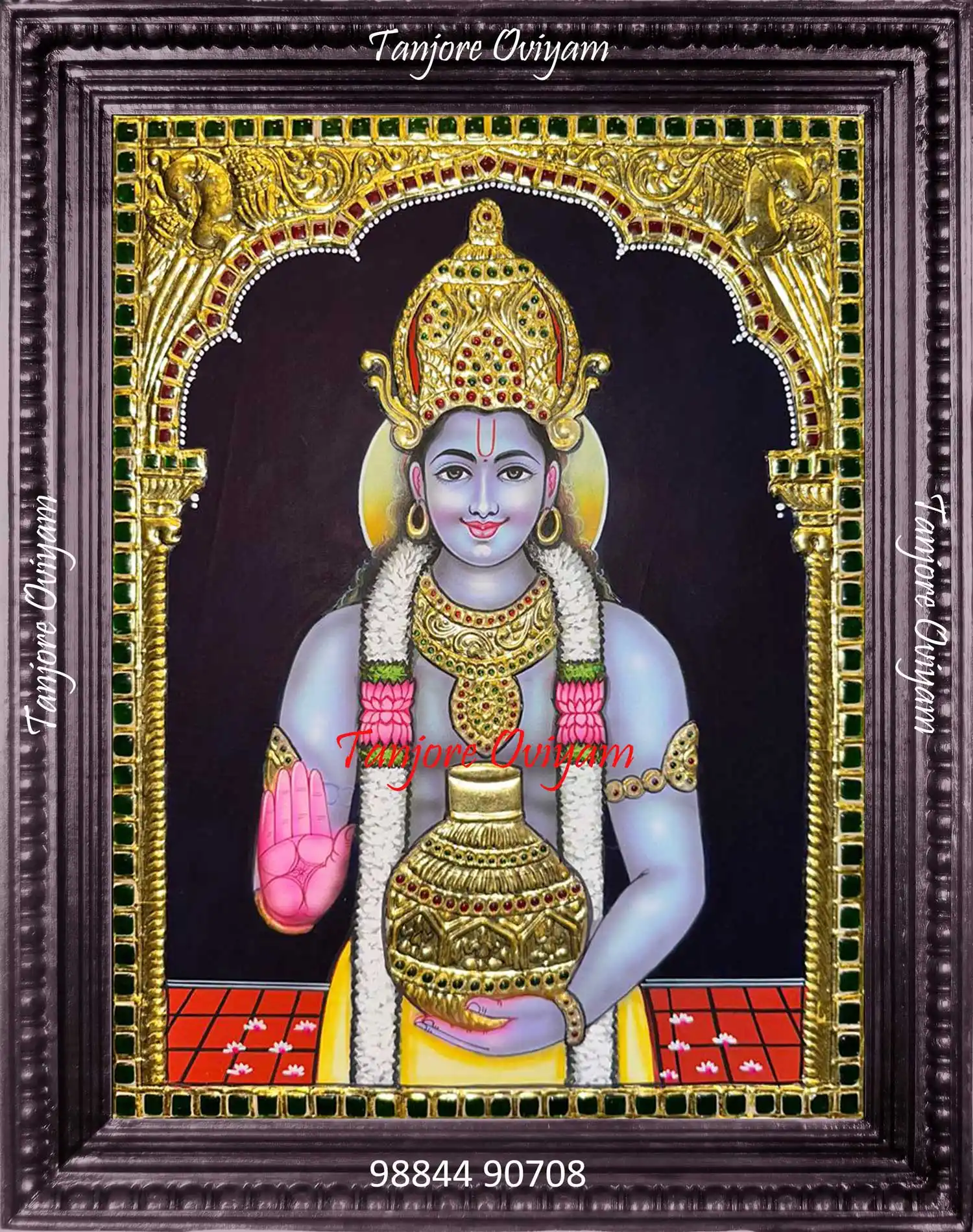 Lord Vishnu Tanjore painting showing Vishnu holding sacred pot with gold foil detailing in traditional Thanjavur style